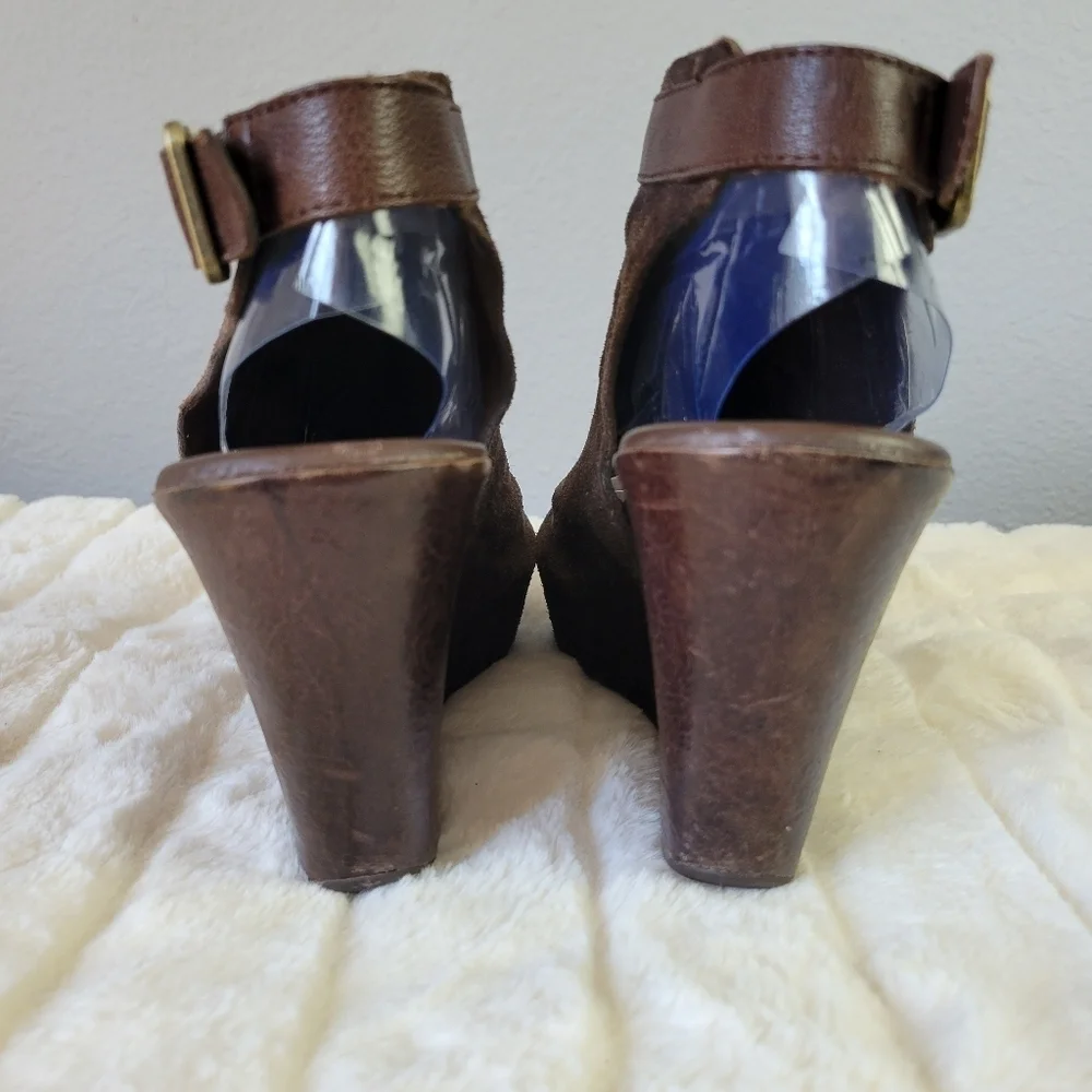 KORK-EASE // berit dark brown suede ankle buckle platform wedges